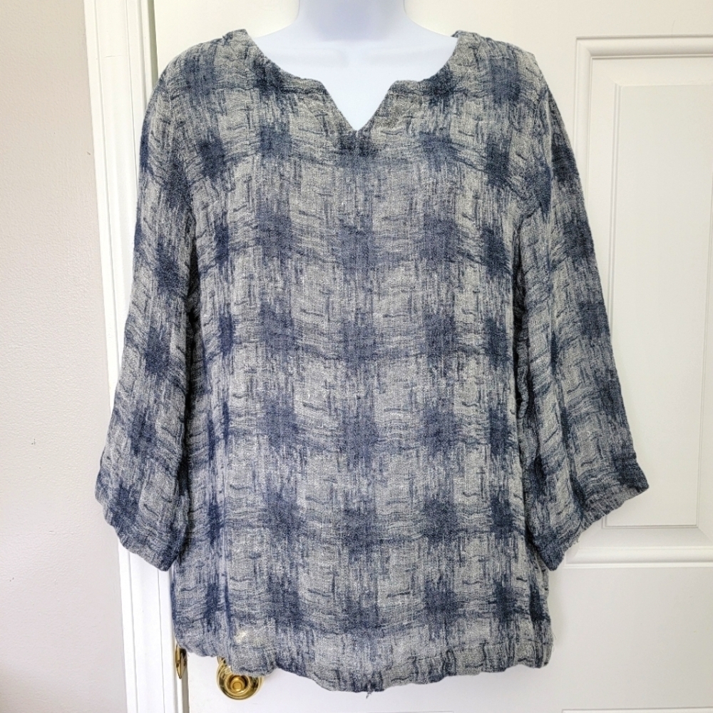 J. Jill Pure Jill Medium Gray Blue Split Neck 3/4 Sleeve Linen Blend Knit Top